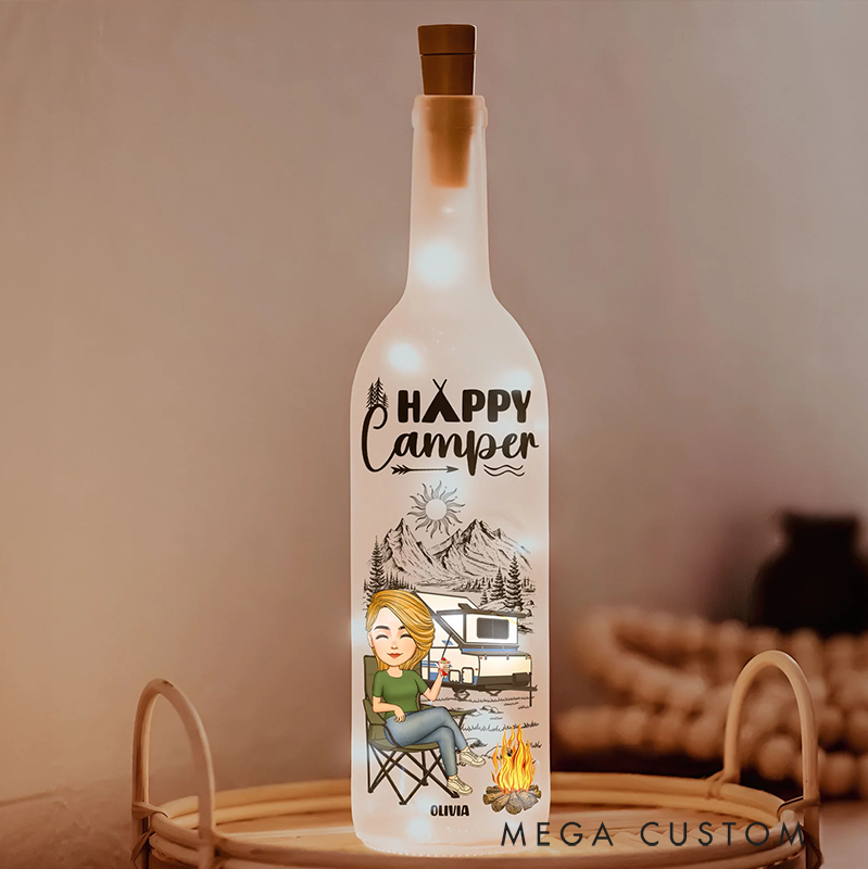 Personalized Happy Camper Bottle Lamp Gift for Friend Outdoors Camping Lover