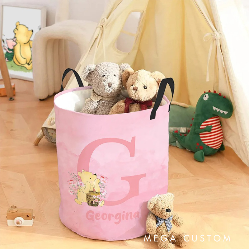 Personalized Cartoon Bear Initial Collapsible Storage Basket for Laundry Toys Organizer Cartoon Lover Gift for Kids