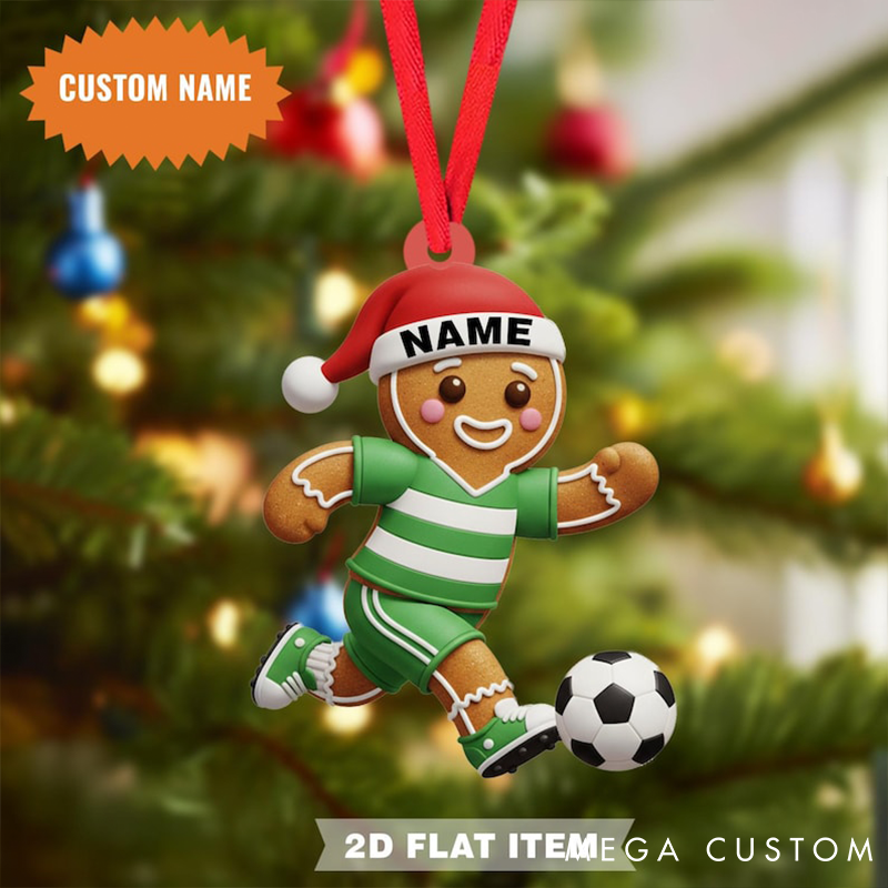 Personalized Gingerbread Soccer Player Christmas Ornament with Custom Name Festive Holiday Decoration for Soccer Fans