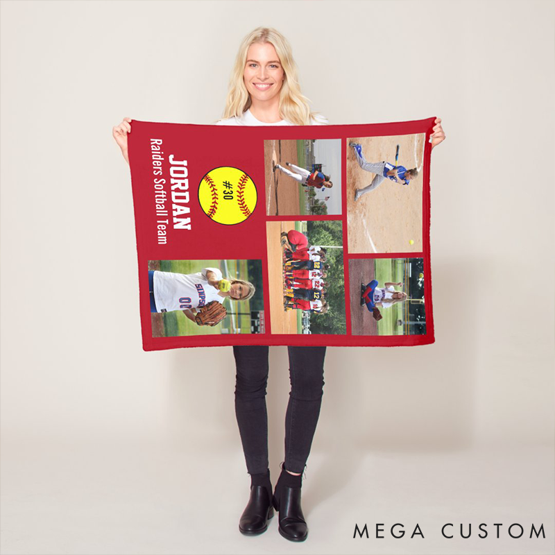 Personalized Softball Photo Blanket with Custom Name, Number, and Team – Perfect Gift for Softball Players and Fans