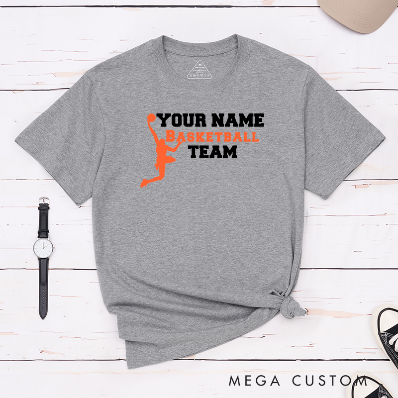 Personalized Basketball Team T-Shirt Design Featuring Custom Name Bold Text and Dynamic Player Silhouette Graphic