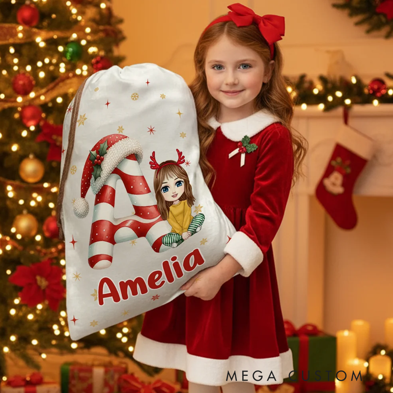 Personalized Santa Hat Initial Cartoon Character Canvas Drawstring Gift Bag with Name Christmas Gift