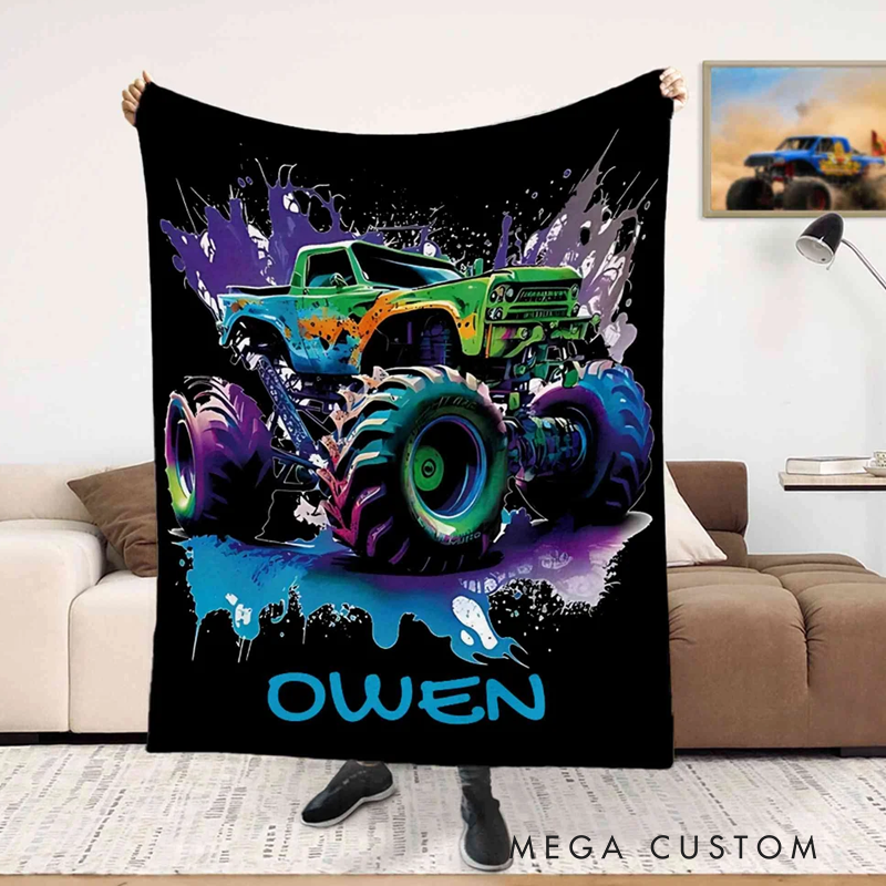 Personalized Big Wheel Off Road Truck Soft Throw Blanket with Name Home Decor Birthday Gift 