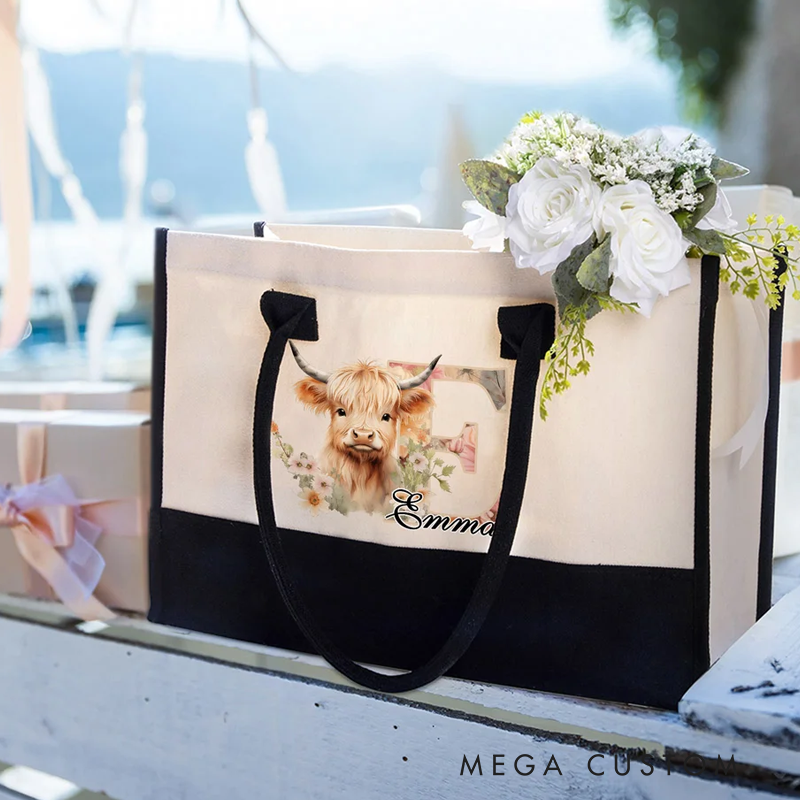Personalized Flower Highland Cow Canvas Tote Bag with Name Birthday Christmas Gift 