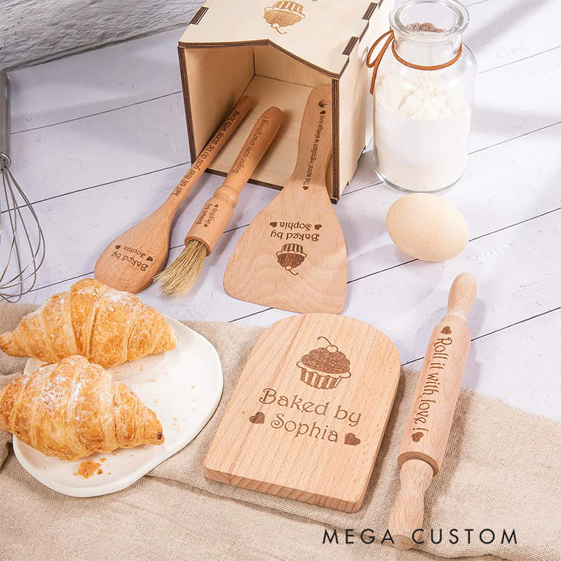 Personalized Wood Cooking Baking Tools with Name Set of 6 Kitchen Birthday Christmas Gift for Kids