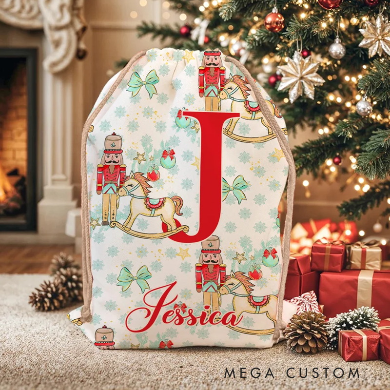 Personalized Christmas Tree Cartoon Nutcracker Canvas Drawstring Gift Bag with Name and Initial Christmas Gift 