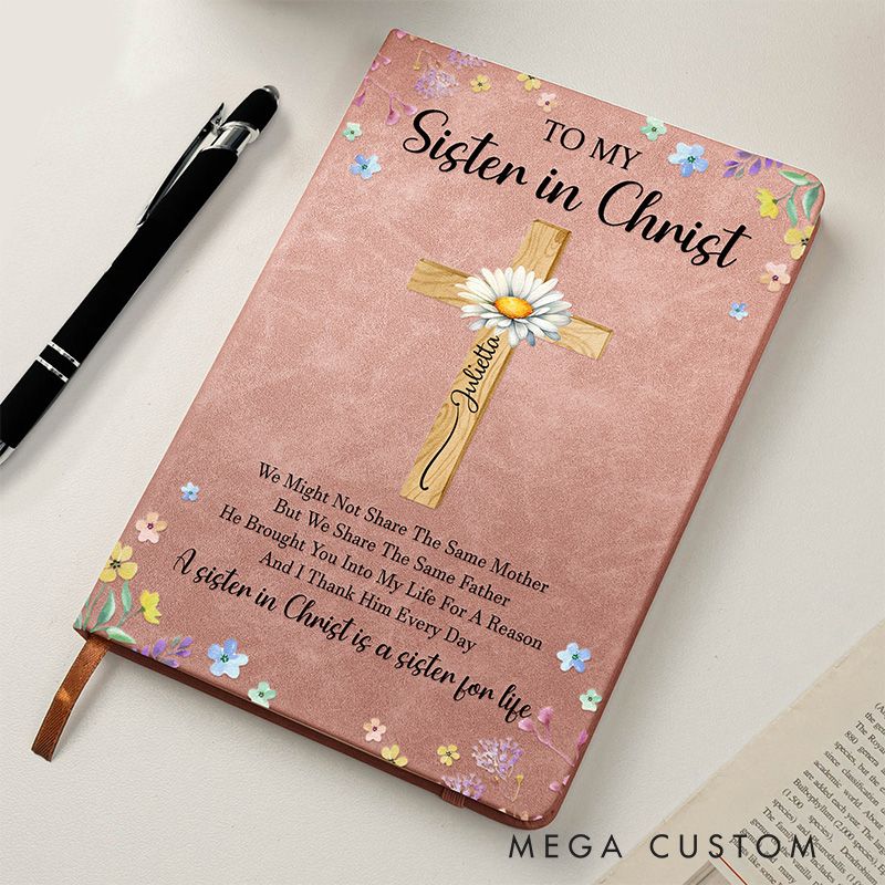 Personalized to My Sister in Christ Cross Prayer Journal Leather A5 Notebook with Name Name & Birth Flower Birthday Religious Gift for Women Christian