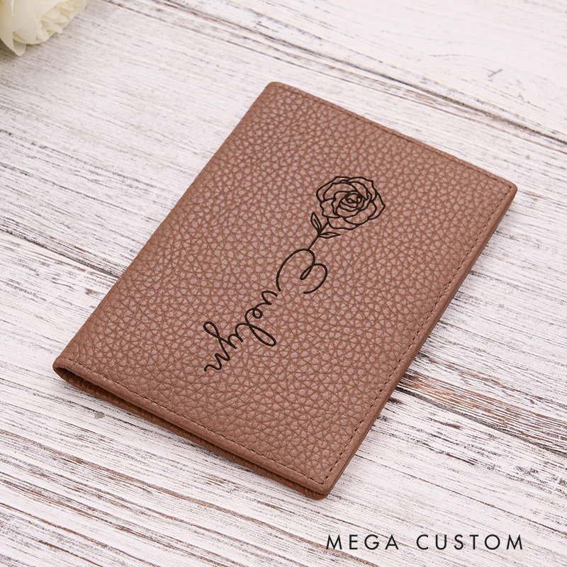 Personalized Leather Wallet For Her Birth Flower Wallet with Name Engraved Wallet For Women Leather Purse Birthday Gift For Her Gift For Mother Bridesmaid Gift Christmas Gift