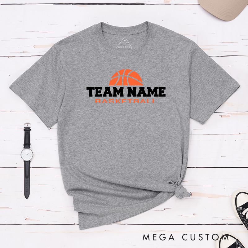 Personalized Basketball Team T-Shirt Design Showcasing Bold Team Name Text and a Striking Orange Basketball Graphic for a Sporty and Dynamic Look