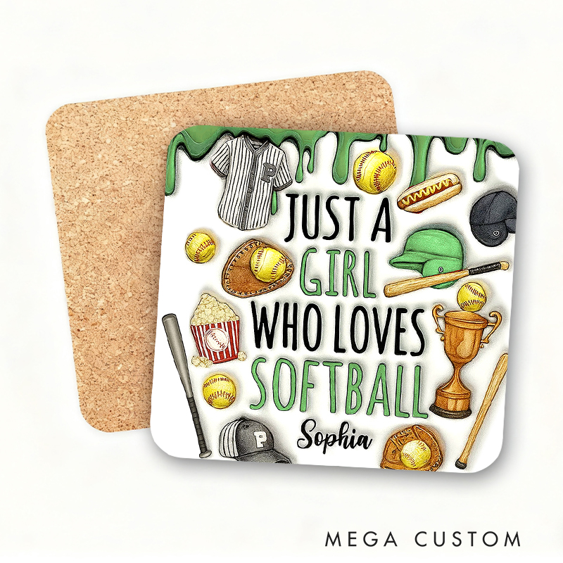 Personalized Softball Coaster with "Just a Girl Who Loves Softball" Design  and Custom Name
