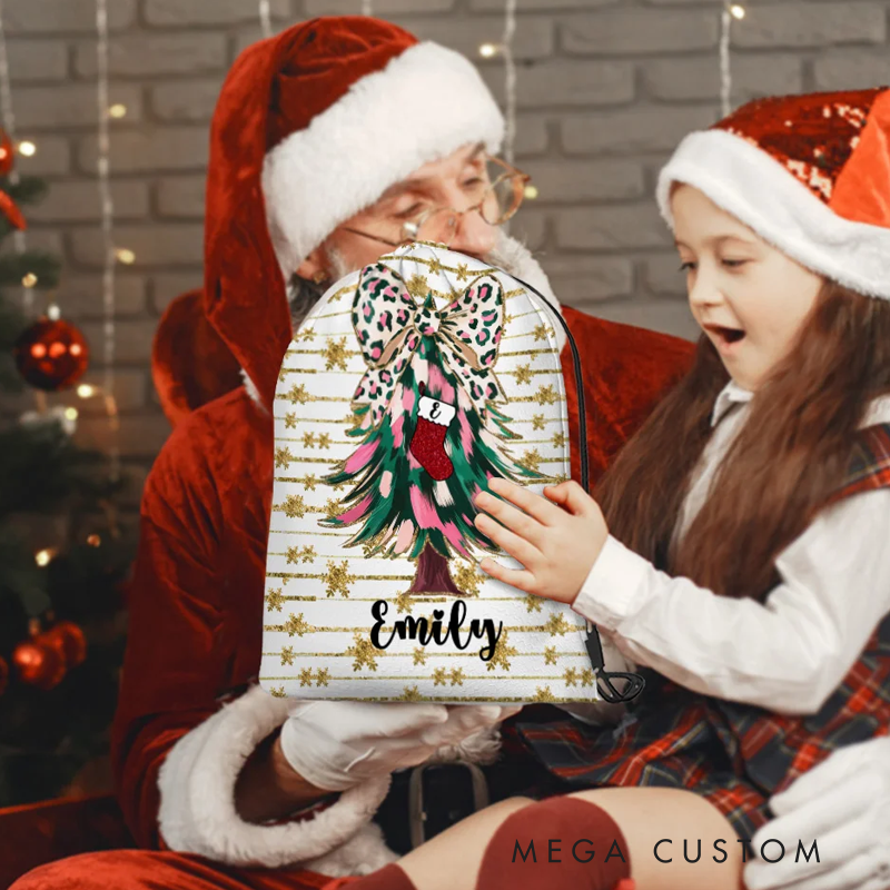 Personalized Coquette Bow Faux Glitter Christmas Tree Double-sided Printed Drawstring Gift Bag with Initial and Name Christmas Gift