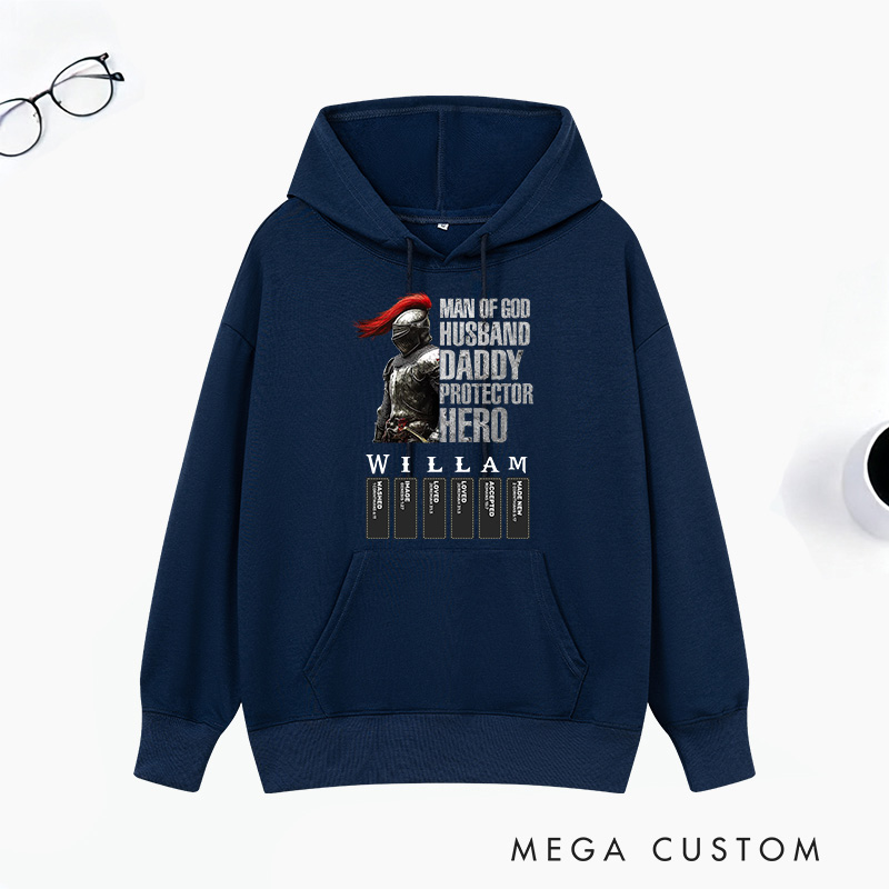 Personalized Man of God Husband Daddy Protector Hero Classic Hoodies with Name Unisex Hoodies Religious Gift for Christian Men