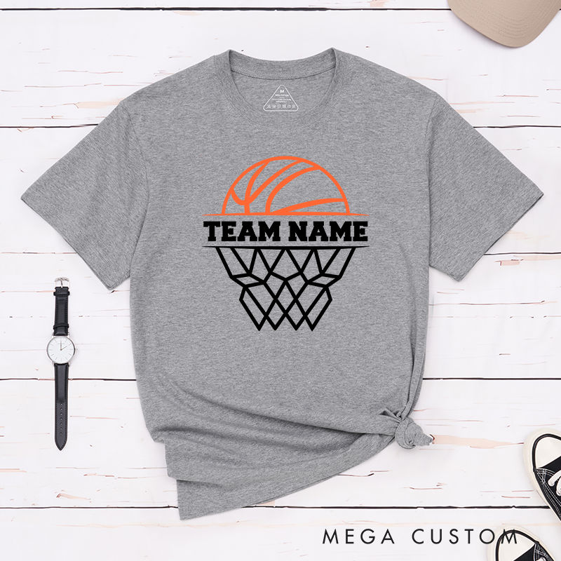 Personalized Basketball Team T-Shirt Design Featuring Custom Team Name Bold Text Dynamic Orange Basketball Graphic and Stylized Hoop Illustration