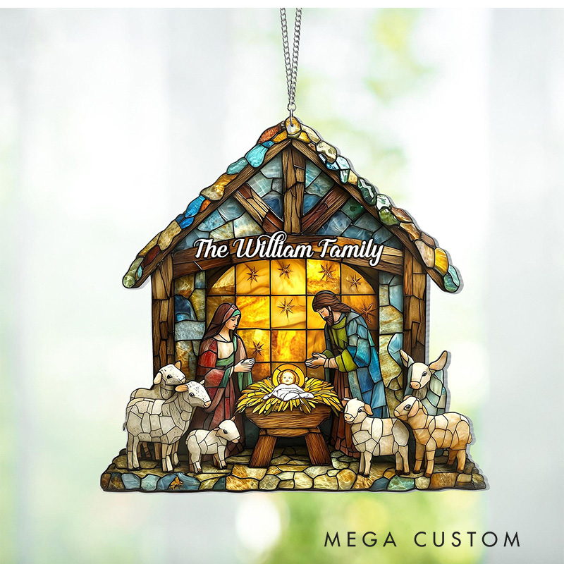 Personalized Nativity Scene Suncatcher Faux Stained Acrylic Ornament with Family Name Holiday Tree Decor Window Hanging Christmas Gift for Christian