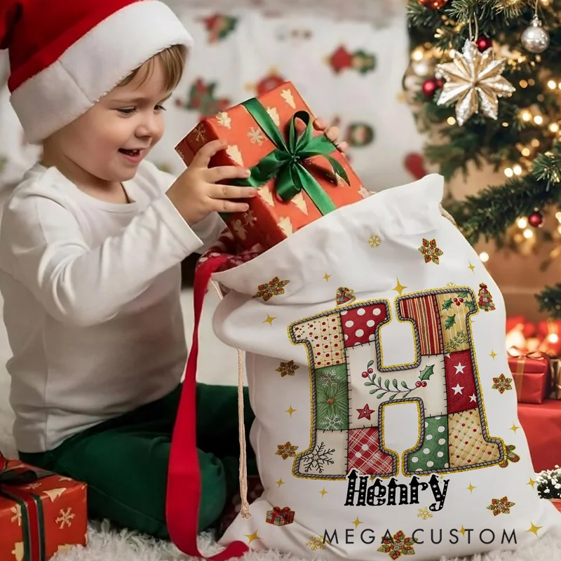 Personalized Christmas Tree Snowflake Initial Drawstring Canvas Gift Bag with Name Christmas Eve Party Favors for Kids