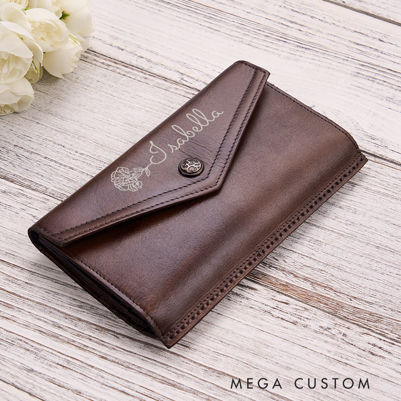 Personalized Leather Wallet For Her Birth Flower Wallet with Name Engraved Wallet For Women Leather Purse Birthday Gift For Her