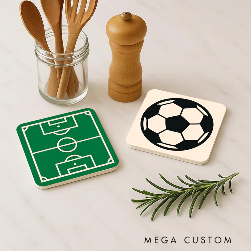Personalized Soccer Themed Coaster Set Perfect Gift for Sports Fans and Game Day Enthusiasts