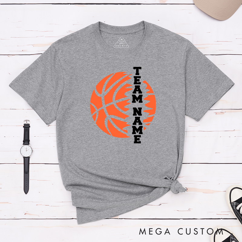 Personalized Basketball Team T-Shirt Design Featuring Custom Team Name Vertical Bold Text Flaming Orange Basketball Graphic