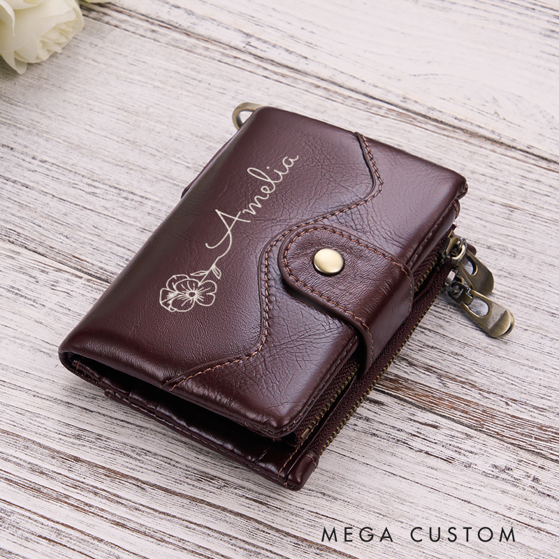 Personalized Leather Wallet For Her Birth Flower Wallet with Name Engraved Wallet For Women Leather Purse Birthday Gift For Her Gift For Mother Bridesmaid Gift Christmas Gift