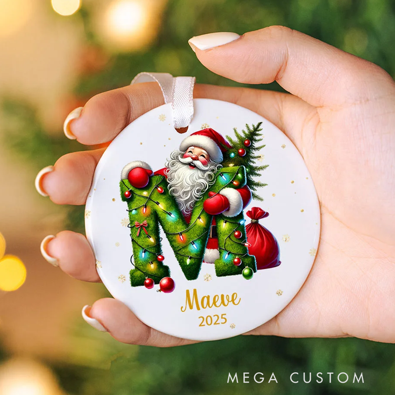 Personalized Santa Claus Woodland Initial Round Ceramic Ornament