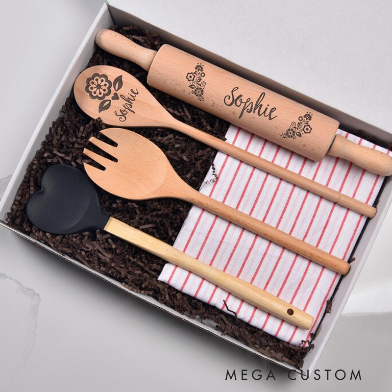 Personalized Silicone Baking Gift Box with Name Engraved Wooden Spoon and Spatula Set Home Baking Set for Baker Cooking Lover Baking Lover Gift