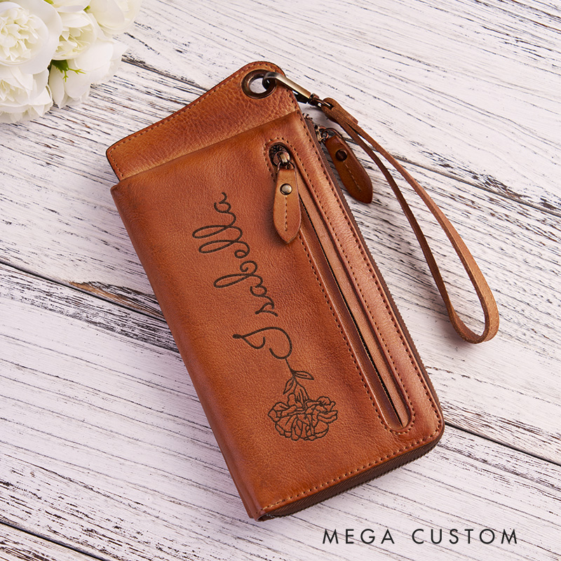 Personalized Leather Wallet For Her Birth Flower Women Wallet Engraved Leather Wallet Birth Flower Monogram Wallet Women's Purse Gift For Her Gift For Mother Birthday Gift
