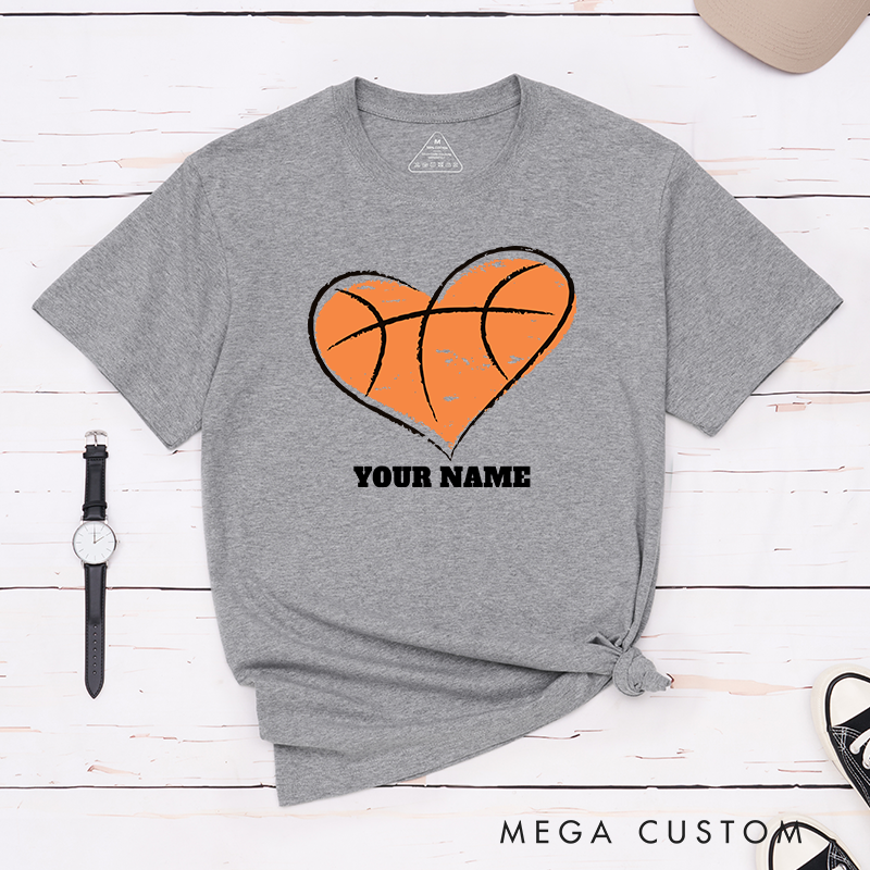 Personalized Basketball T-Shirt Design Featuring Heart Shaped Basketball Graphic Customizable Name Bold Text and Distressed Artistic Style