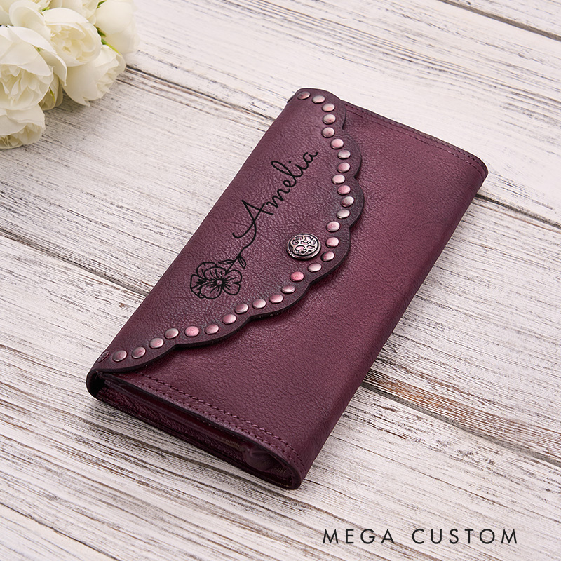 Personalized Leather Wallet for Women Engraved Leather Wallet with Name Women Slim Wallet Clutch Purse Unique Gift for Her Birthday Gifts