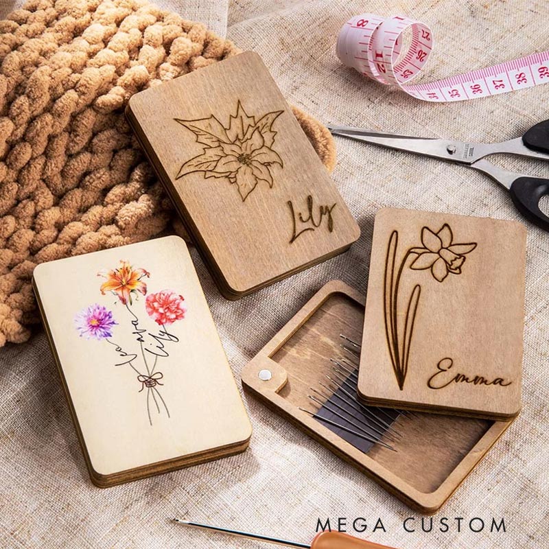Personalized Birth Flower Wooden Magnetic Needle Box with Name Birthday Mother’s Day Gift for Sewing Lover