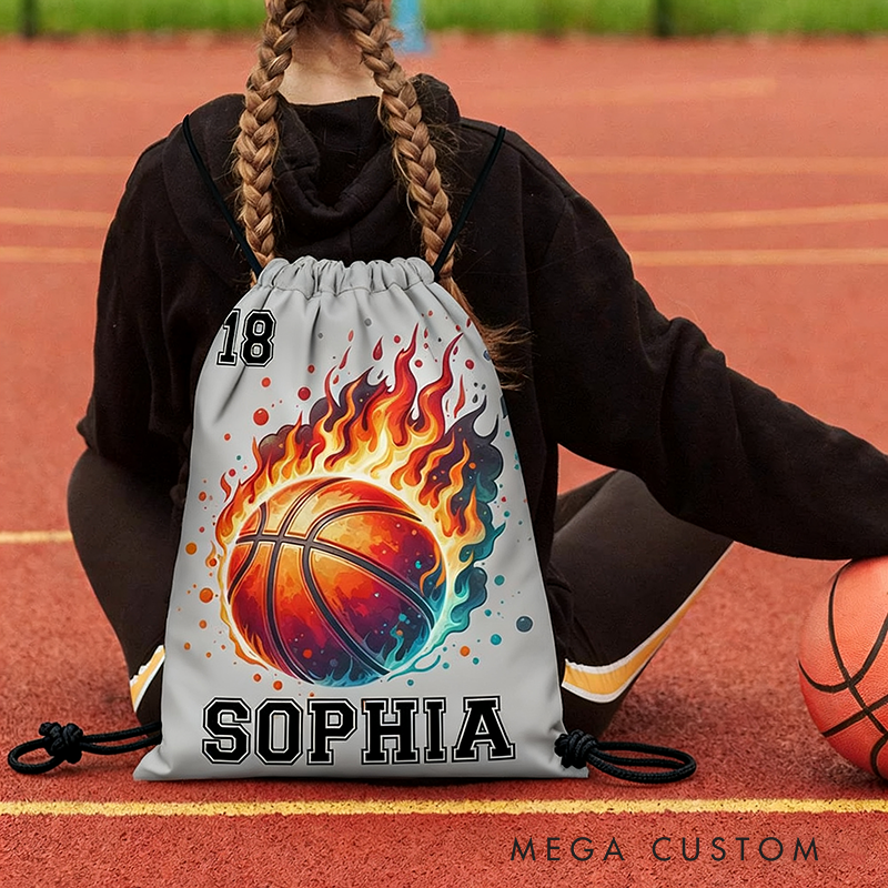 Personalized Sports Drawstring Bag with Flaming Basketball Soccer Volleyball and Baseball Designs Custom Name and Number Backpack
