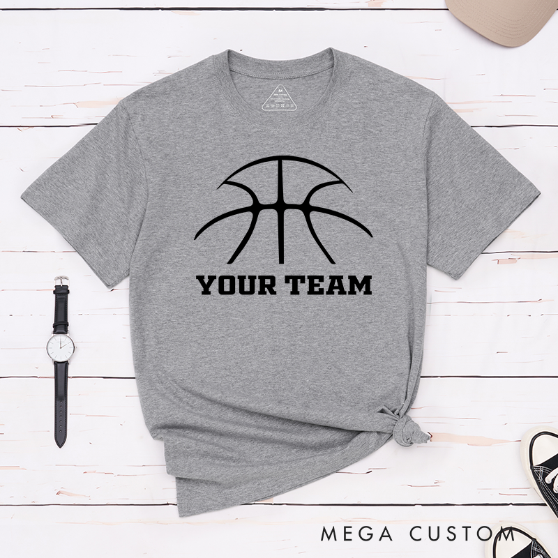Personalized Basketball T-Shirt Design Featuring Minimalist Basketball Graphic and Customizable Team Name in Bold Text