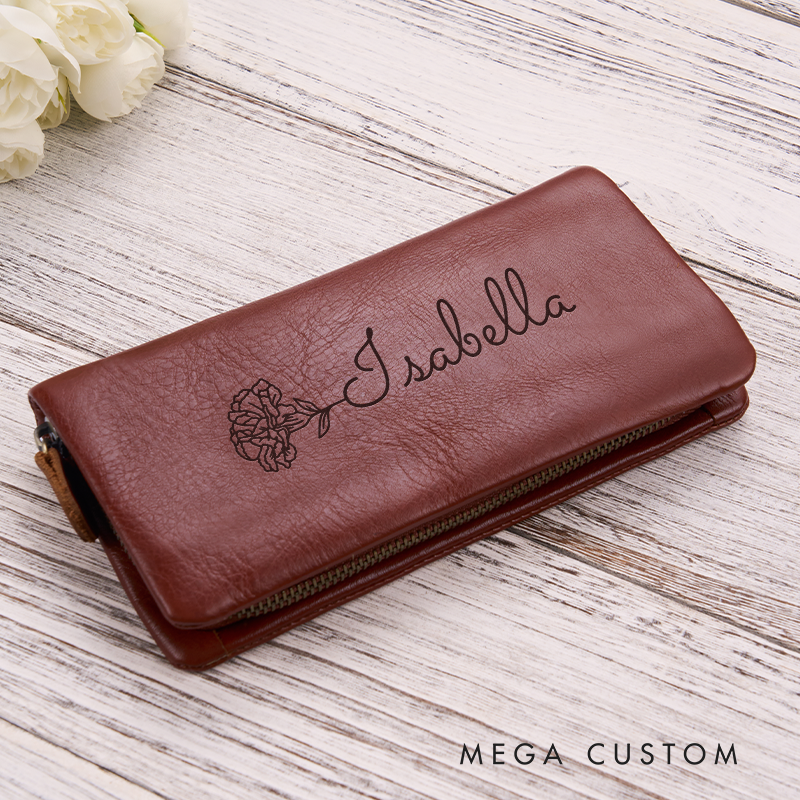 Personalized Leather Wallet for Women Birth Flower Leather Wallet Engraved Leather Wallet with Name Women Slim Wallet Clutch Purse Unique Gift for Her Birthday Gifts