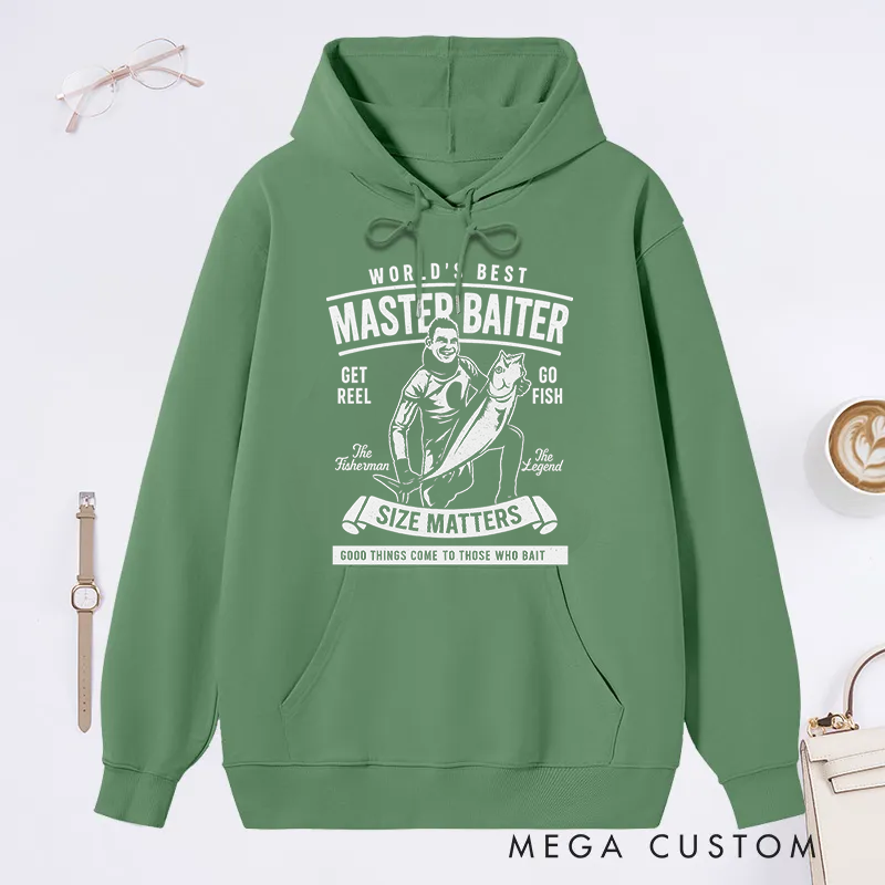 Personalized Funny Fishing Hoodie Custom Photo Hoodie World's Best Master Baiter Design Warm and Comfortable Gift for Fishermen and Humor Lovers