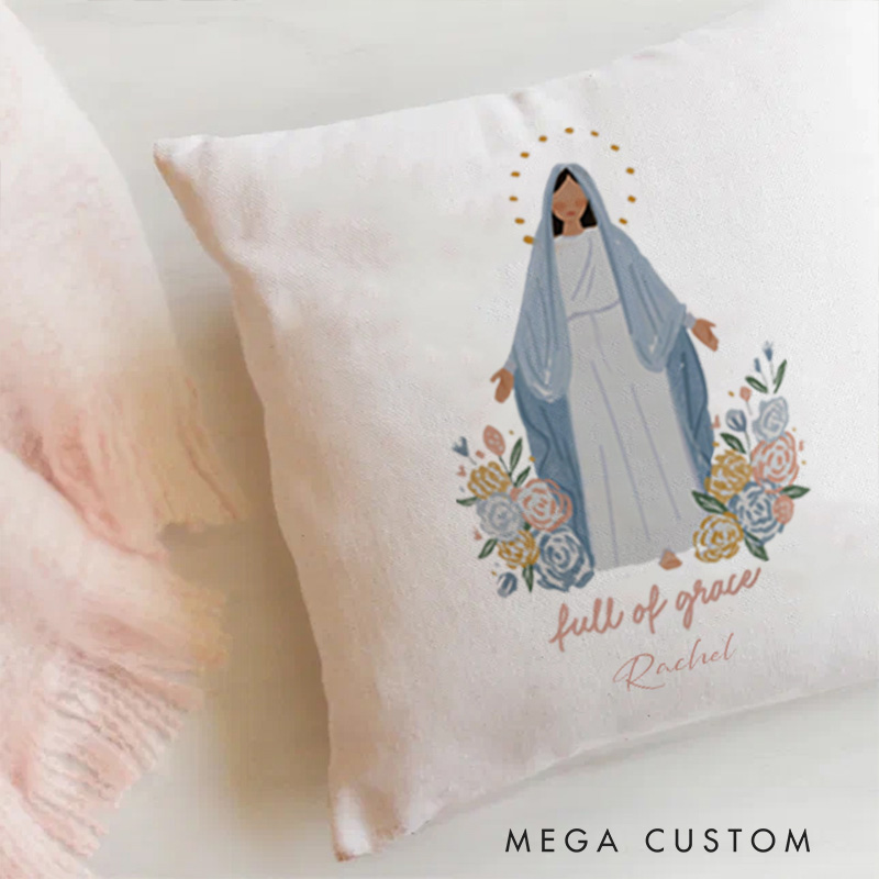Personalized Full of Grace Virgin Mary Throw Pillow with Name Home Decor Religious Gift Catholic Gift for Women