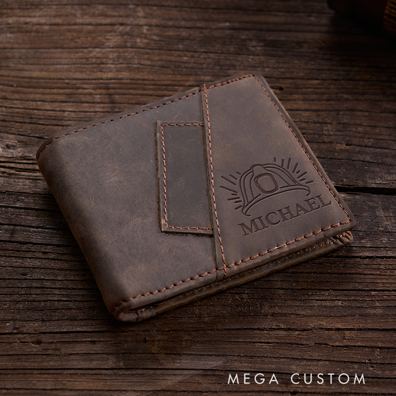 Personalized Firefighter Leather Wallet Engraved Wallet Crazy Horse Wallet Birthday Gift for Him Groomsman Gift Boyfriend Gift Dad Gift Husband Gift