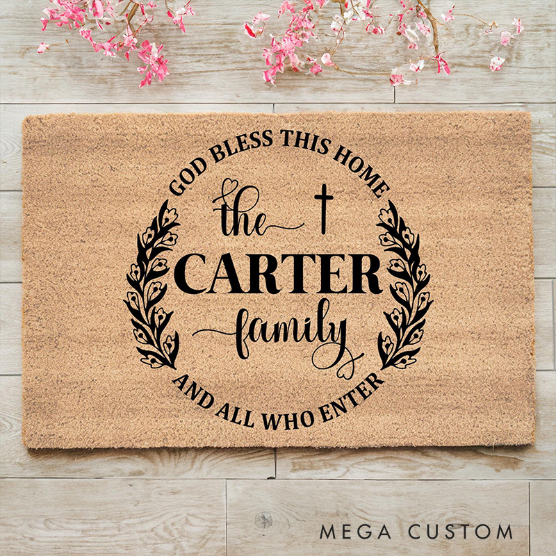 Personalized God Bless This Home Doormat with Family Name Non-Slip Durable Front Door Decor Outdoor Decor Religious Family Gift Christian Home Gift