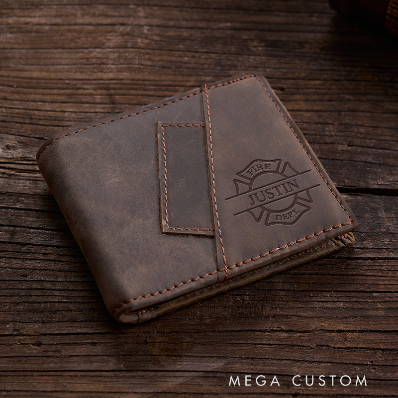 Personalized Firefighter Leather Wallet Engraved Wallet Crazy Horse Wallet Birthday Gift for Him Groomsman Gift Boyfriend Gift Dad Gift Husband Gift