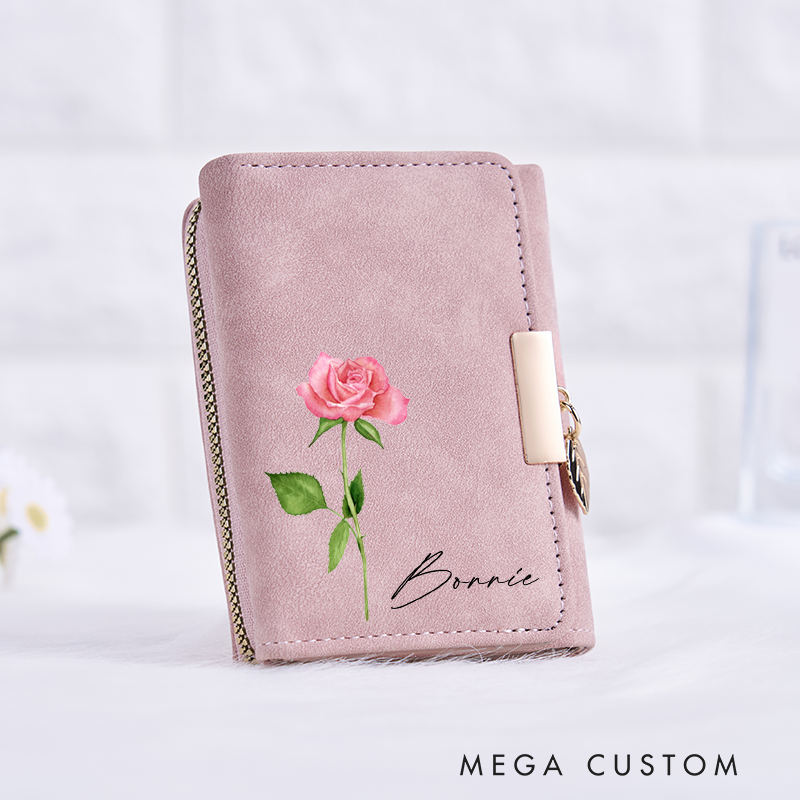 Personalized Leather Wallet for Girl Birth Flower Wallet for Her Trifold Wallet Purse Wallet Cute wallet Unique Gift for Her Birthday Gifts