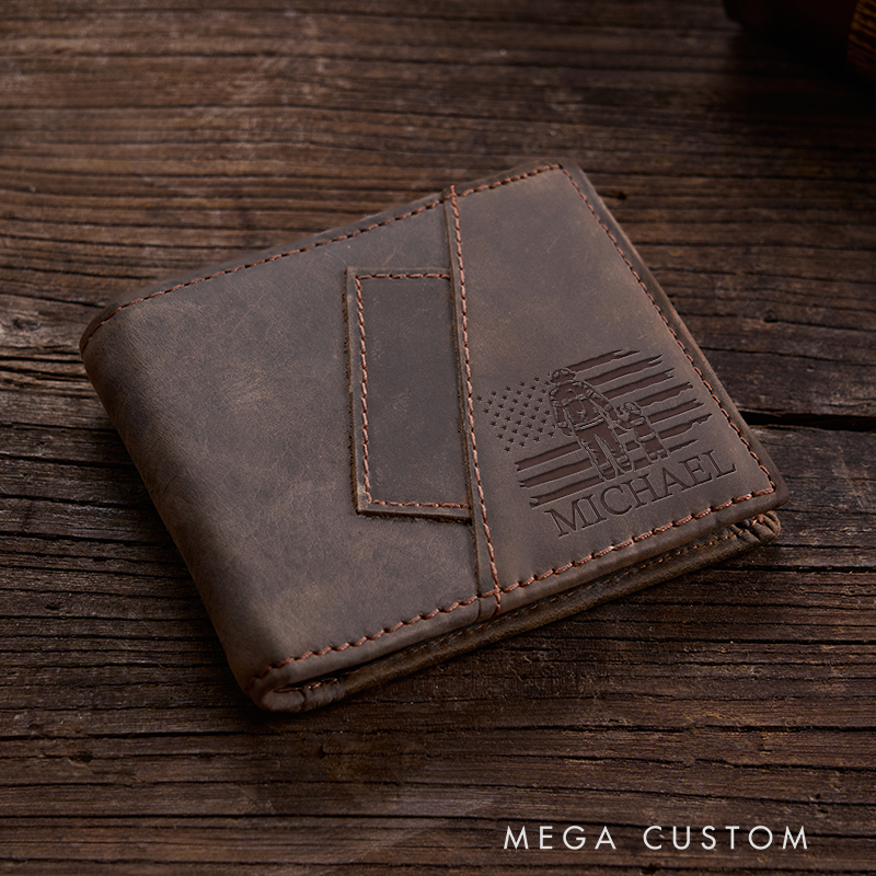 Personalized Firefighter Leather Wallet Engraved Wallet Crazy Horse Wallet Birthday Gift for Him Groomsman Gift Boyfriend Gift Dad Gift Husband Gift