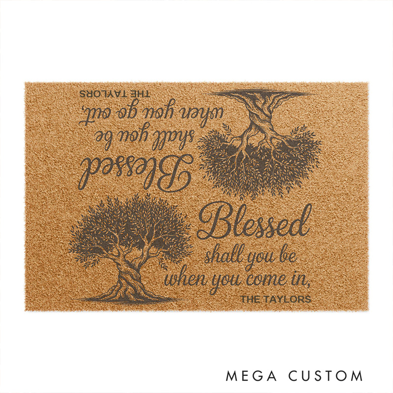 Personalized Blessed Shall You Be Deuteronomy 28:6 Doormat with Family Name Non-Slip Durable Front Door Decor Bible Verse Welcome Mat Religious Gift