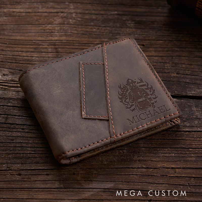 Personalized Firefighter Leather Wallet Engraved Wallet Crazy Horse Wallet Birthday Gift for Him Groomsman Gift Boyfriend Gift Dad Gift Husband Gift