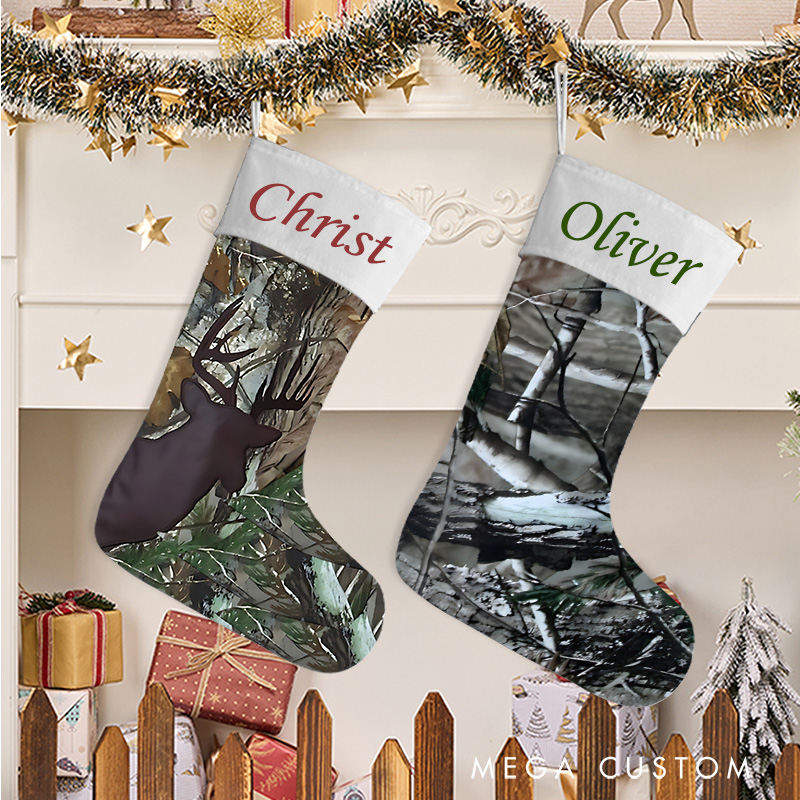 Personalized Camo Christmas Stockings Buck Brown Hunting Outdoors Woodland Deer Camoflauge Christmas Stocking Christmas Gift for Hunting Lover