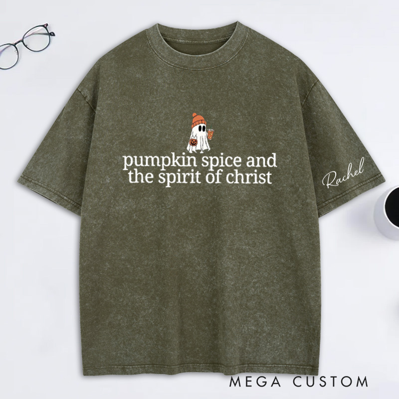 Personalized Cute Ghost Pumpkin Spice Washed T-Shirt with Name Halloween Gift Religious Gift for Christians