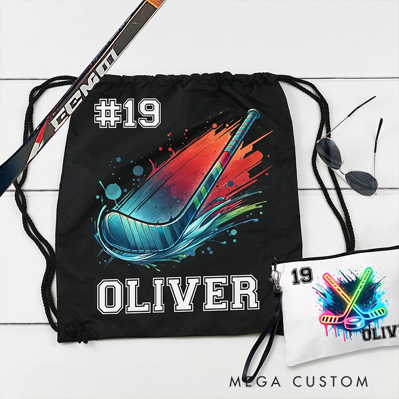 Personalized Ice Hockey Drawstring Bag Custom Name and Number with Neon Stick Design