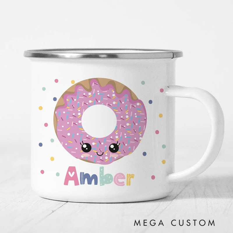 Personalized Donut Mug Kids Mug with Name Polka Dot Donut Enamel Mug for Baker Birthday Party Donut Party Favors