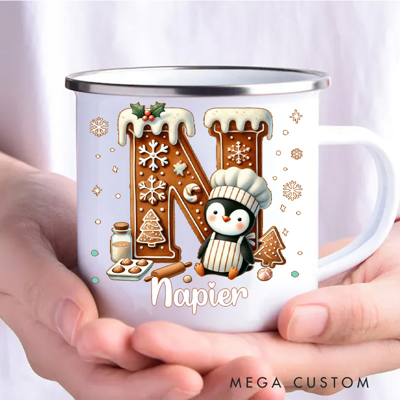 Personalized Cute Penguin Cookie Initial Kids Mug with Name 12 oz Enamel Mug for Kids Christmas Birthday Gift for Boys Girls