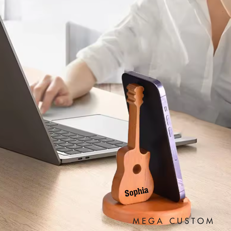 Personalized Retro Wooden Guitar Shaped Phone Stand Guitar Pick Storage Case with Engraved Name Birthday Gift for Guitar Players Music Lovers