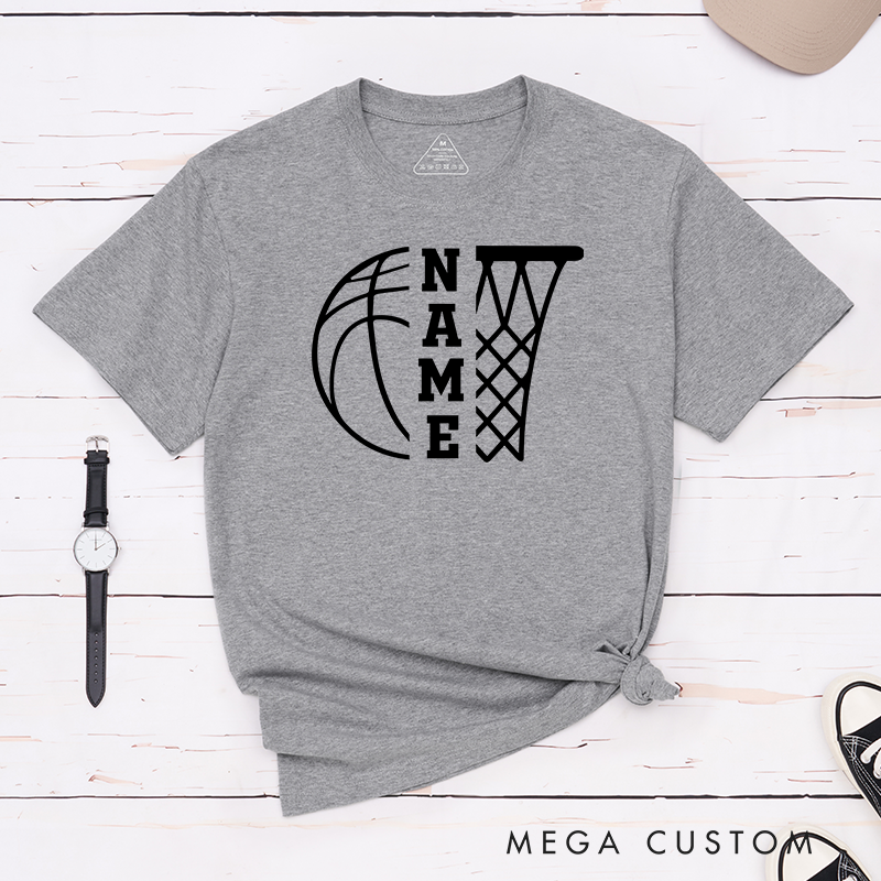 Personalized Basketball T-Shirt Design Featuring Basketball and Hoop Graphic with Vertical Customizable Name