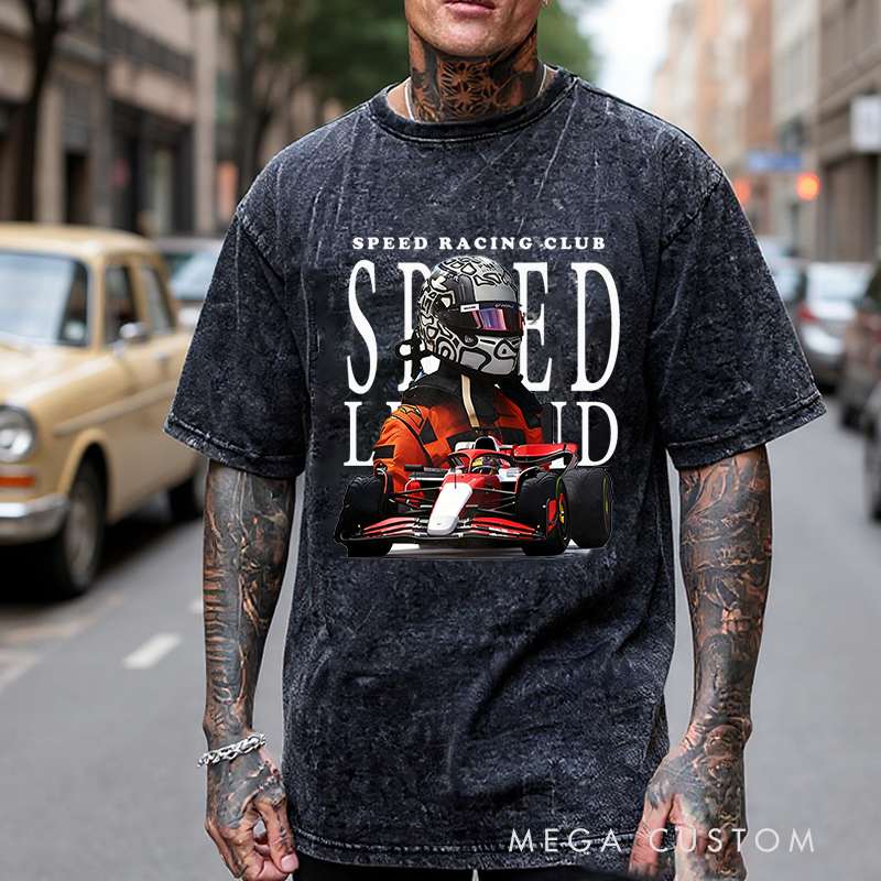 Personalized Racing Washed T-Shirt with Racing Car Design Perfect Gift for Racer and Racing Lovers