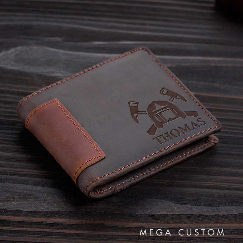 Personalized Leather Wallet For Firefighter Engraved Crazy Horse Wallet Mens Wallet Groomsmen Wallet Boyfriend Gift Dad Gift Husband Gift